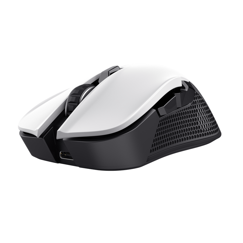 Ratón gaming blanco y negro con patrón de panal en el lateral. Muestra la rueda de desplazamiento y los botones.