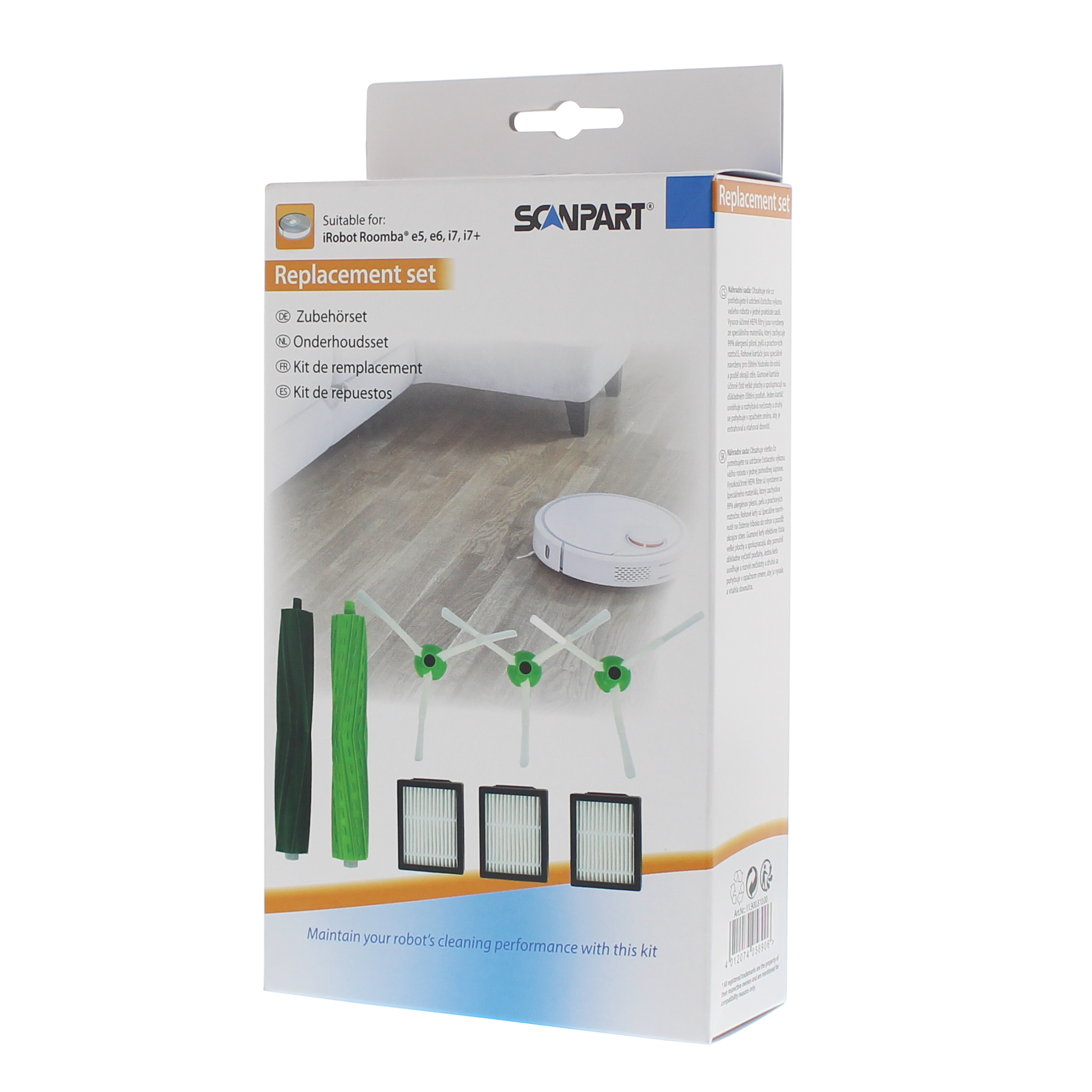 Caja de kit de repuesto con piezas de aspiradora robot. Contiene cepillos, filtros y otros accesorios.
