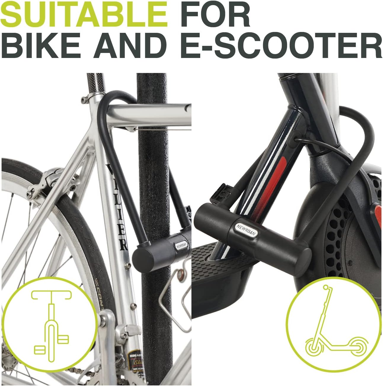 Zwei Bilder von Fahrrädern und einem Roller mit einem schwarzen Schloss. Text sagt: GEEIGNET FÜR FAHRRAD UND E-ROLLER.