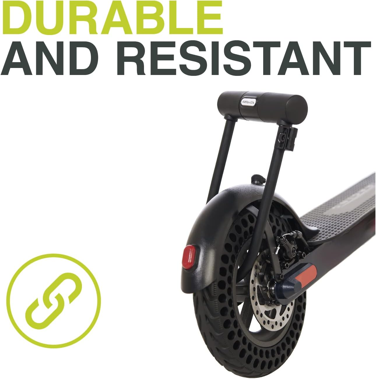 Schwarzes Roller-Hinterrad mit Text "Durable and Resistant" auf weißem Grund.