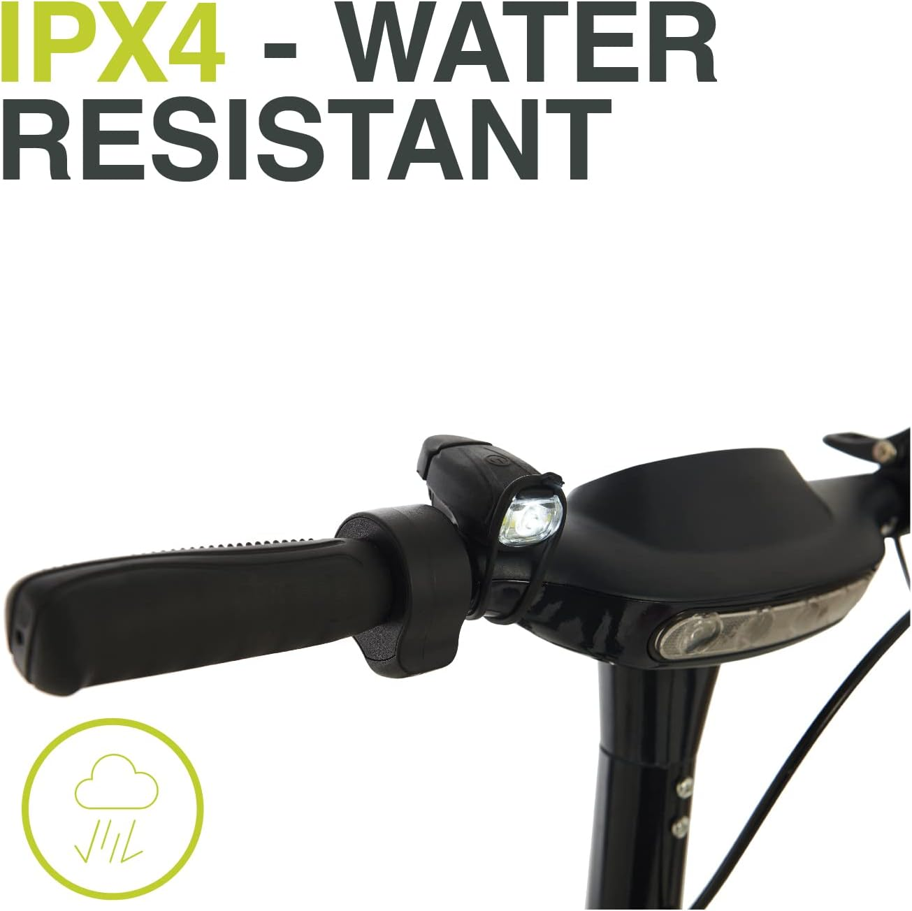 Manubrio dello scooter con faro e testo 'RESISTENTE ALL'ACQUA'.