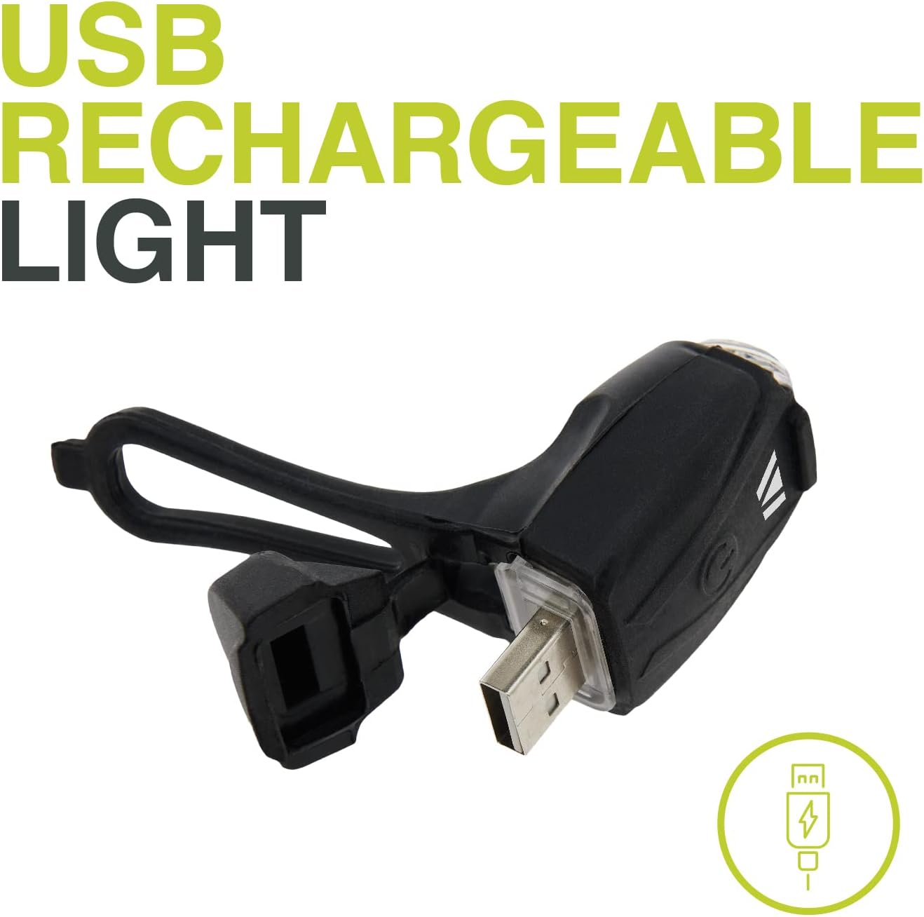 Luce ricaricabile USB nera con connettore USB. Il testo recita 'USB RECHARGEABLE LIGHT'.