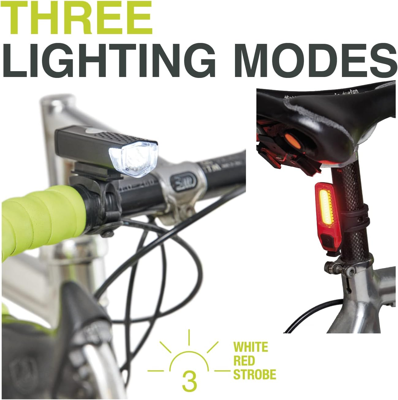 Luci bici con luce anteriore bianca e posteriore rossa, testo: 'Three Lighting Modes'.