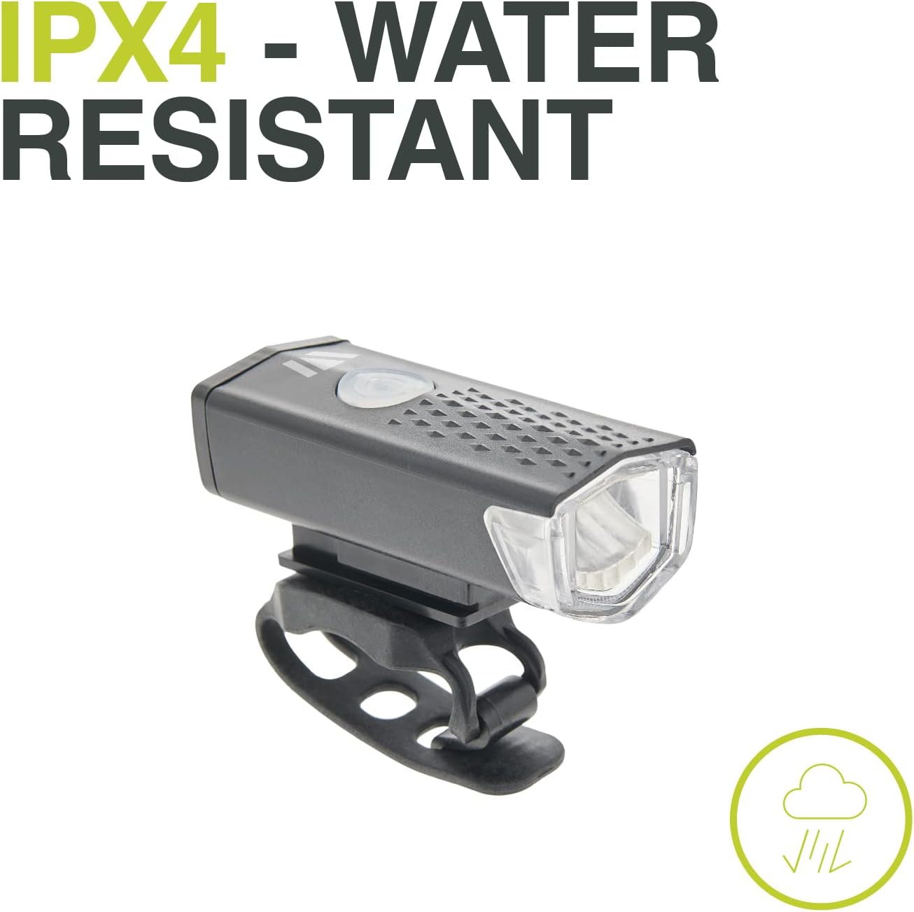 Una luce per bicicletta nera con il testo "IPX4 - WATER RESISTANT" sopra.