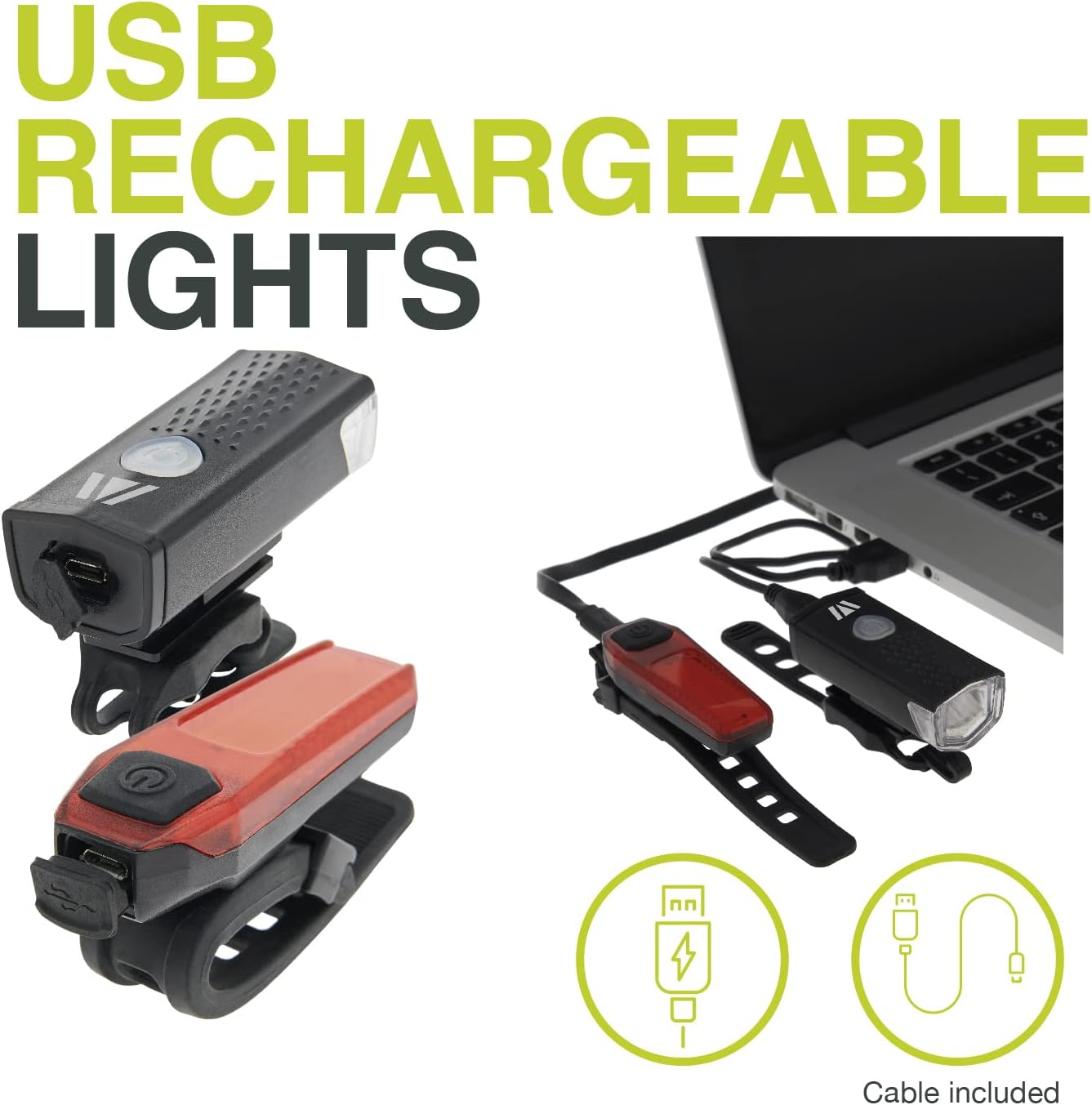 Luci per bici ricaricabili tramite USB, nere e rosse, collegate a un laptop.