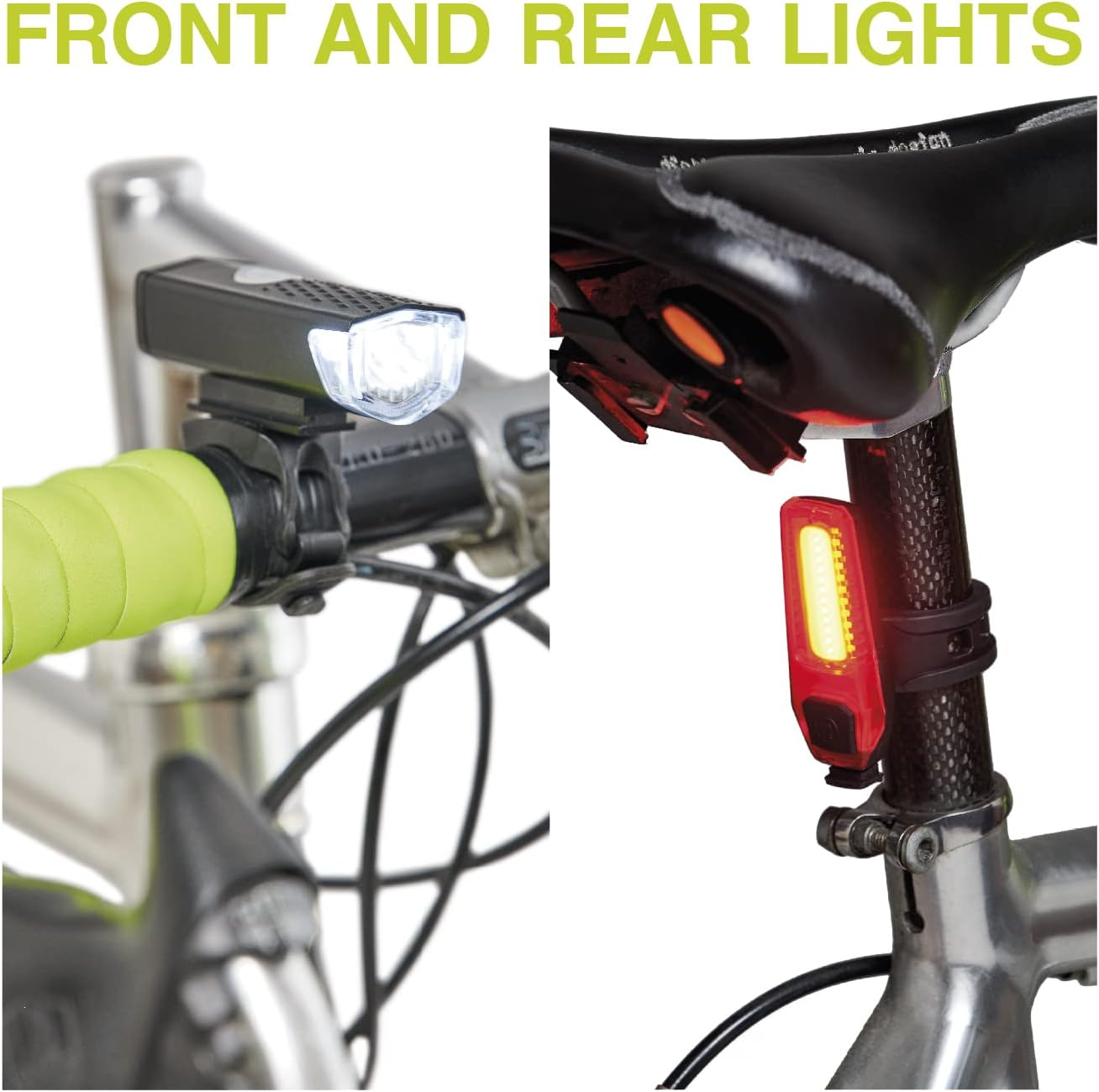 Luci anteriori e posteriori per biciclette. La luce anteriore è bianca, quella posteriore rossa.