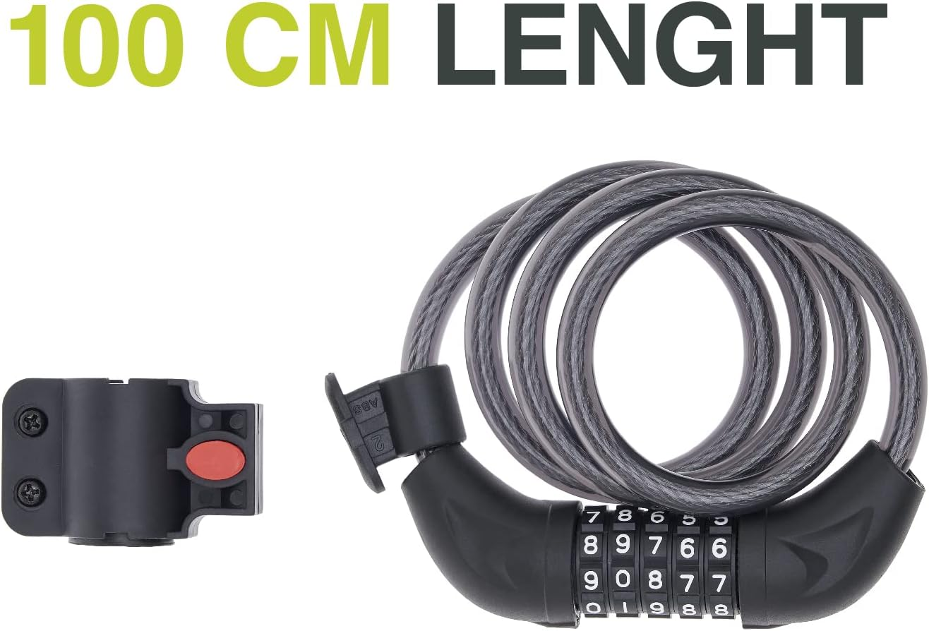 Cavo di sicurezza lungo 100 cm con quadrante a combinazione. Colori nero e grigio. Sfondo bianco.