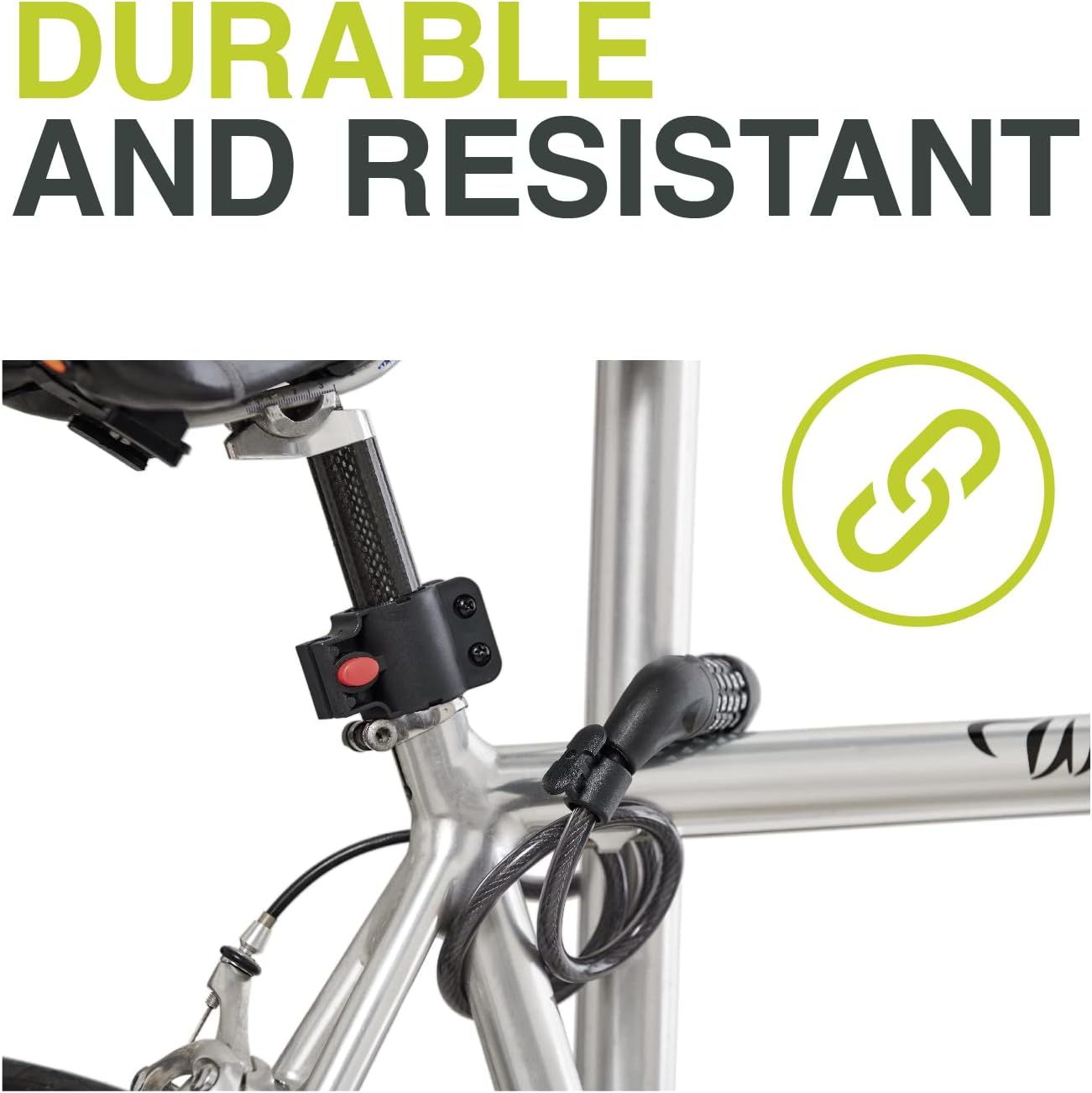 Una bicicletta con un lucchetto attaccato al telaio. Il testo nell'immagine dice 'DURABLE AND RESISTANT'.