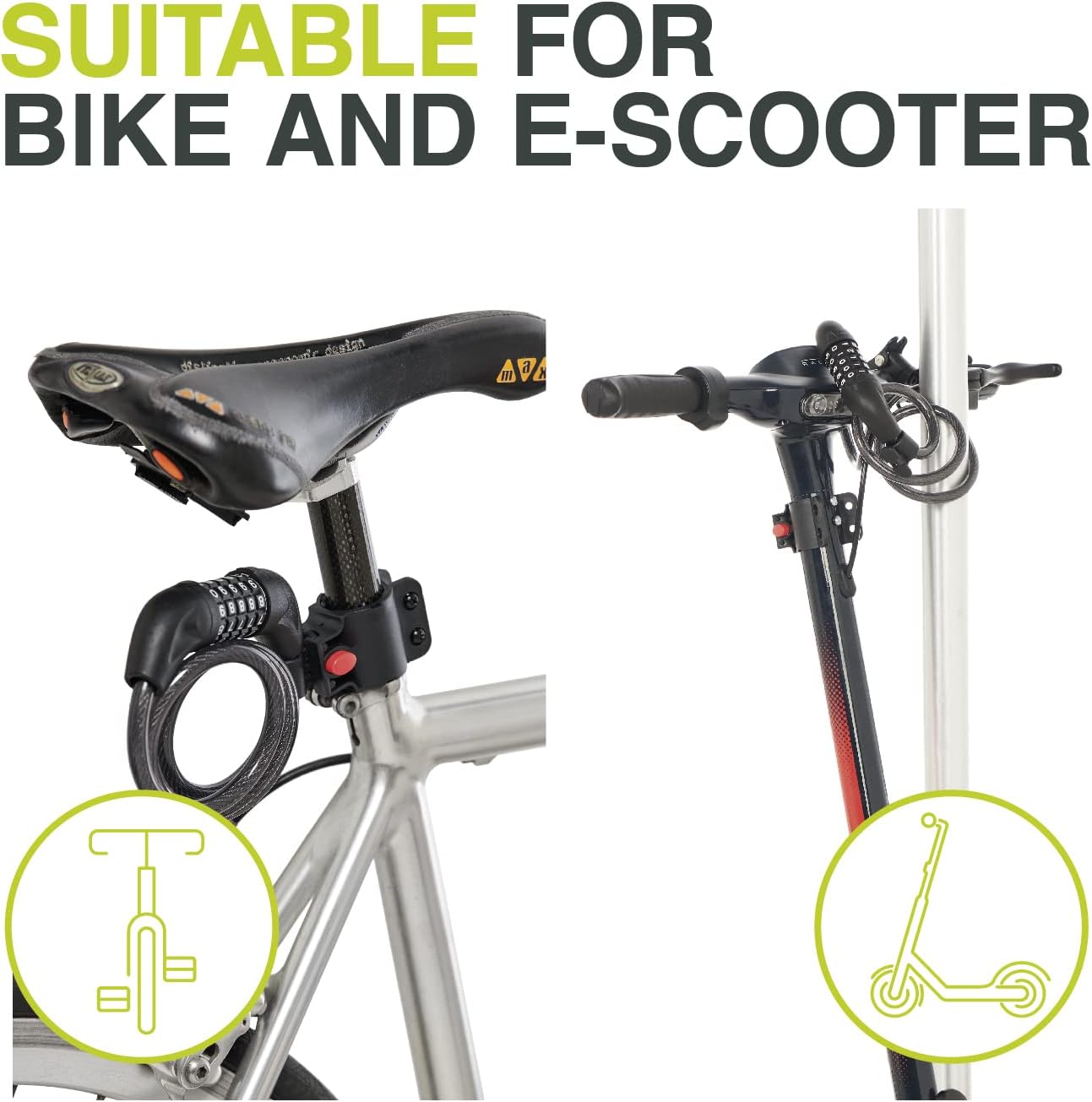 Immagine che mostra bici ed e-scooter, con testo: Adatto per bici ed e-scooter.