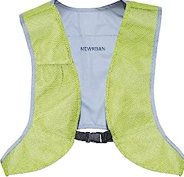 Un gilet de sécurité jaune néon avec des bandes réfléchissantes grises et NEWRBAN imprimé.