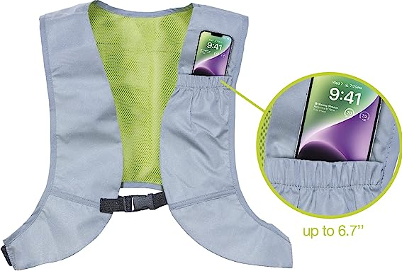 Gilet réfléchissant avec un téléphone dans la poche. Un gros plan montre un téléphone avec l'heure 9:41.