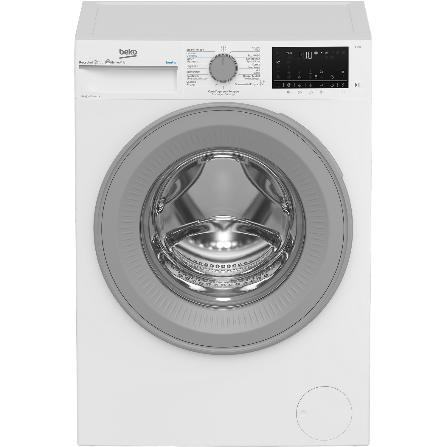 Witte Beko wasmachine. Heeft een grijze deur en bedieningspaneel met digitaal display.