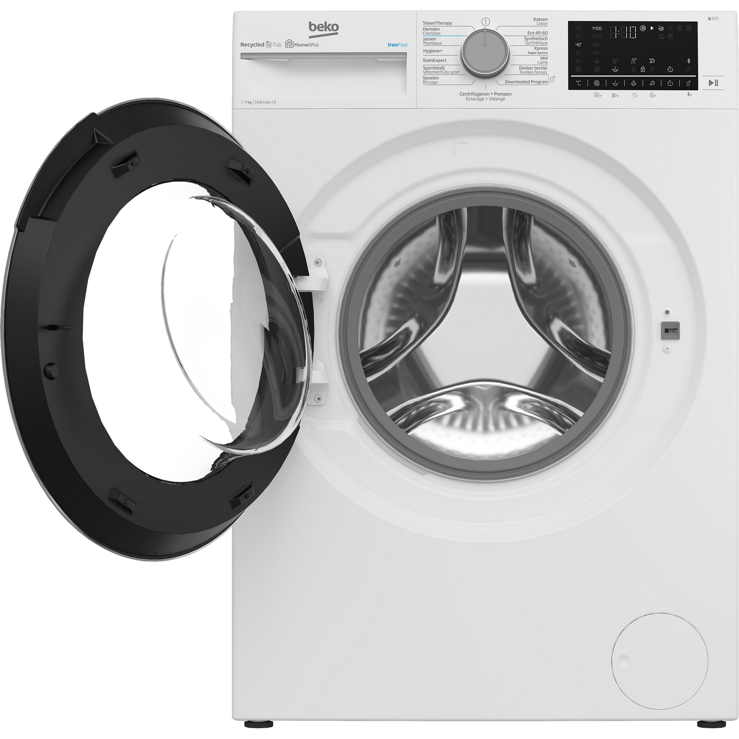 Witte wasmachine met open deur. Binnenin is een roestvrijstalen trommel zichtbaar. Witte achtergrond.