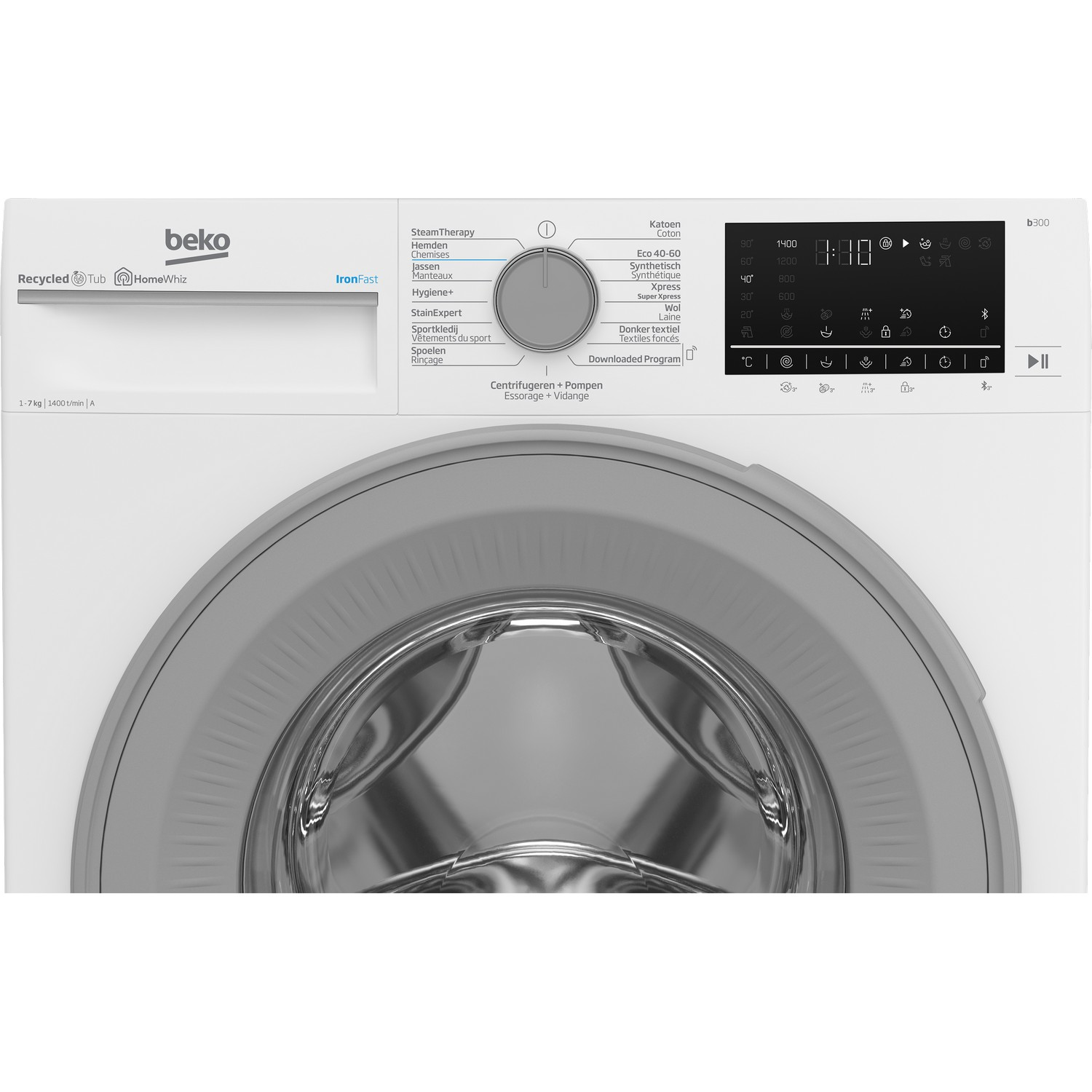 Een witte wasmachine. Het bedieningspaneel toont instellingen en een digitale display.