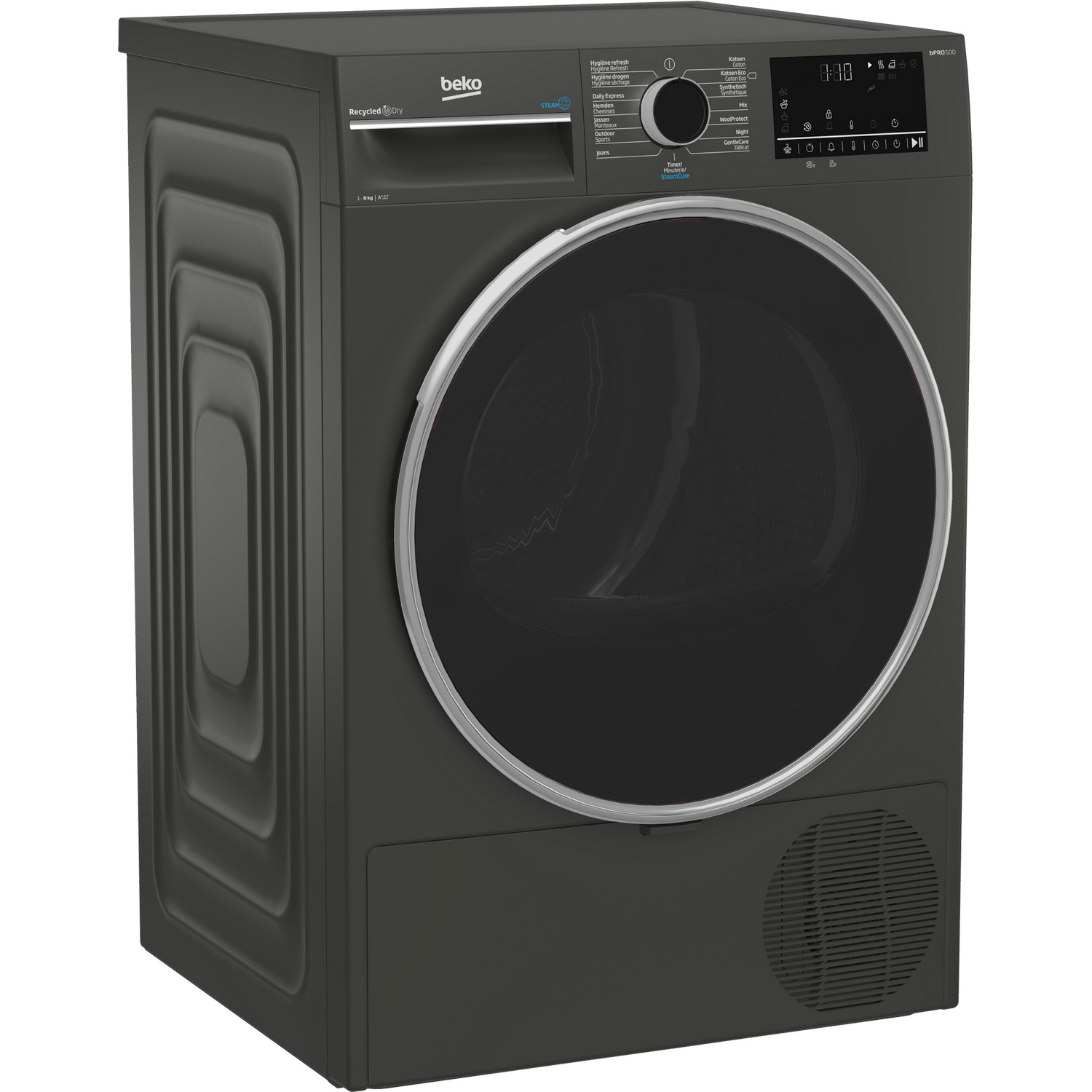 Sèche-linge noir avec porte noire et anneau argenté. Logo Beko visible.