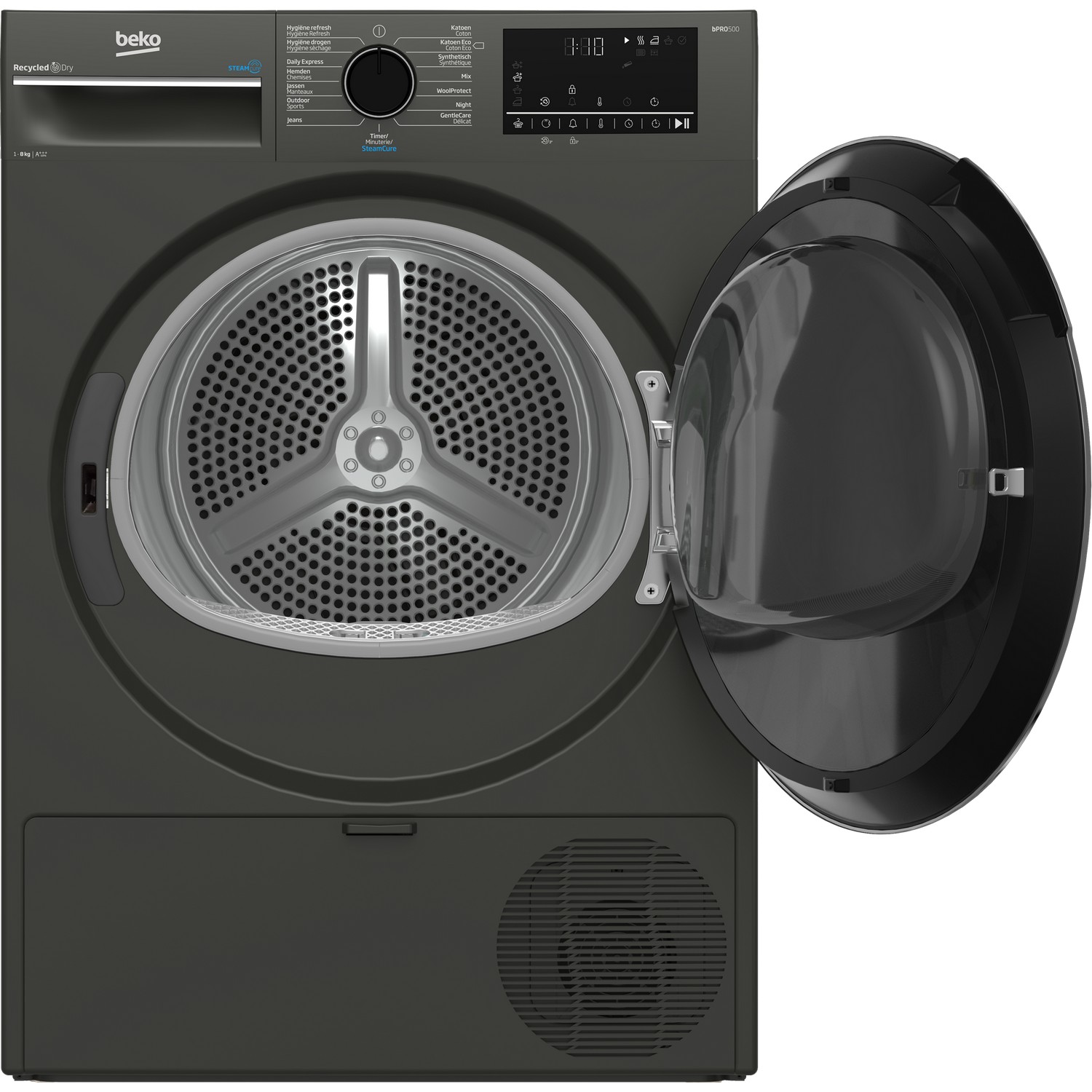 Un sèche-linge Beko noir avec une porte ouverte montrant le tambour à l'intérieur.