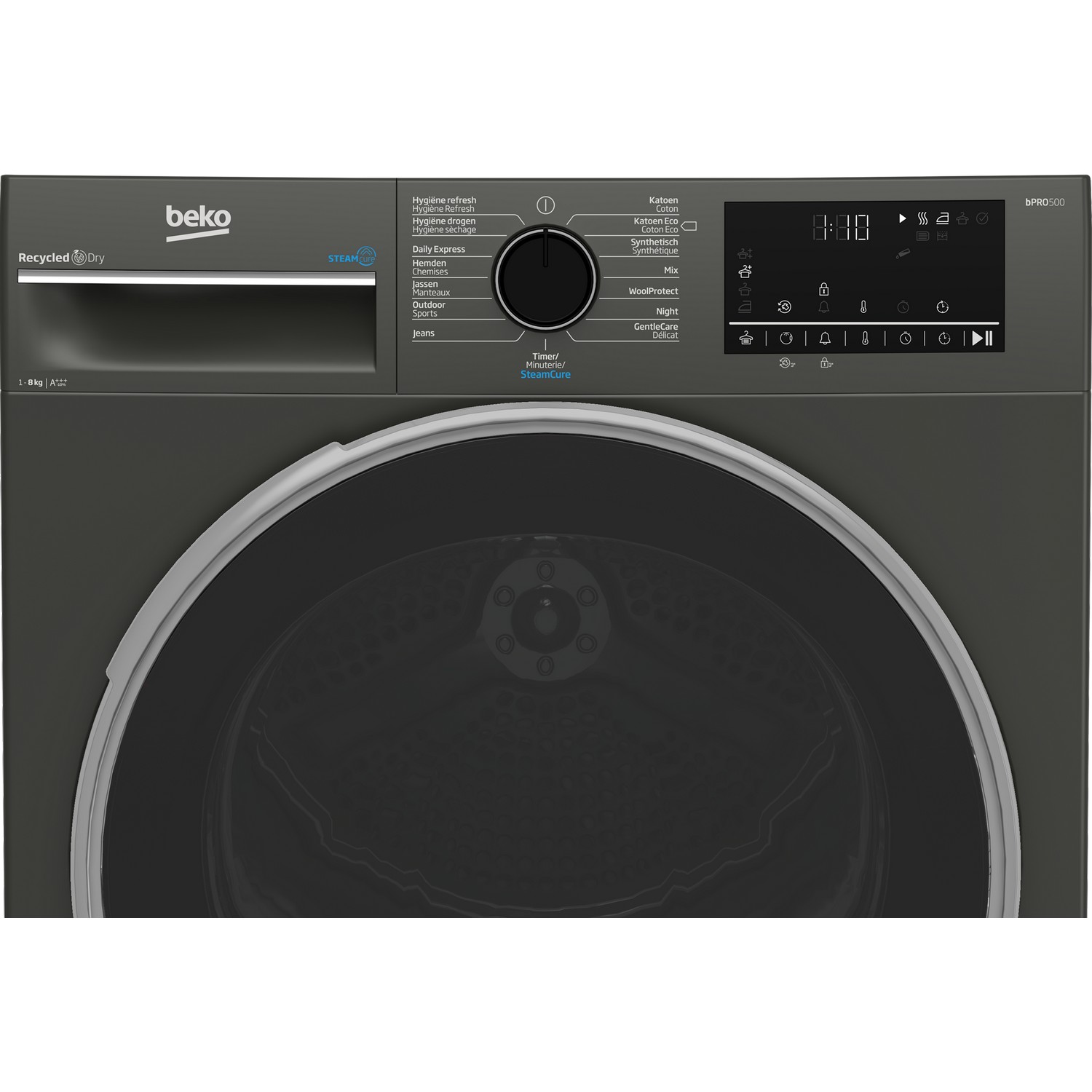Panneau de commande de lave-linge Beko avec diverses options de programme affichées.