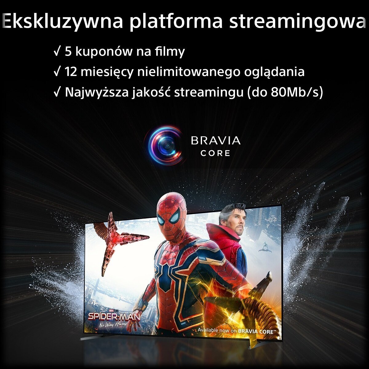 Ekran telewizora z sceną filmową, z tekstem promocyjnym i logo Bravia Core.