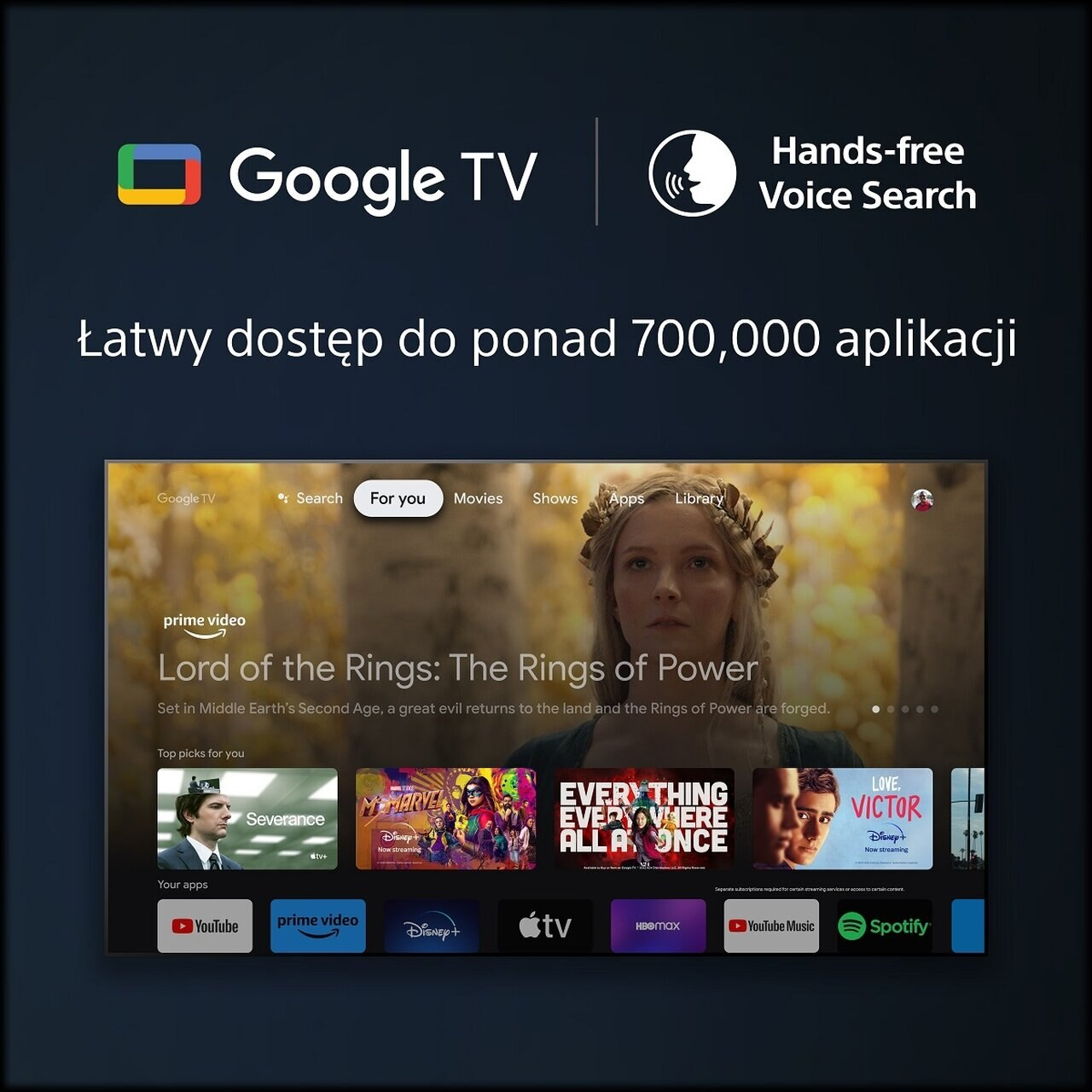 Ekran Google TV z zawartością 'Władcy Pierścieni'. Interfejs z wyszukiwaniem, aplikacjami. Wyszukiwanie głosowe.