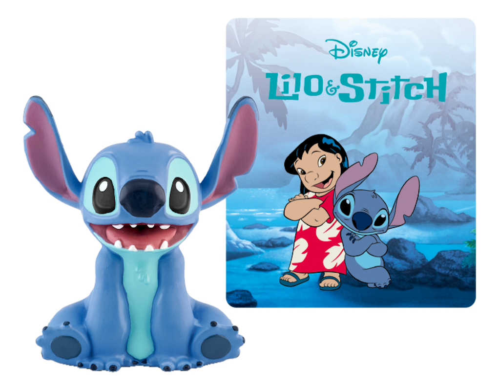 Stitch-Figur und ein Lilo & Stitch-Filmplakat. Stitch ist blau und Lilo ist mit Stitch auf dem Poster.