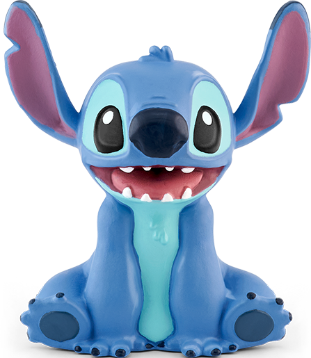 Blaue Stitch-Figur. Große Ohren, große Augen, lächelnd mit Zähnen.
