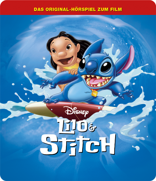 Lilo & Stitch Filmplakat. Lilo und Stitch surfen auf einem Surfbrett. Blauer Hintergrund.