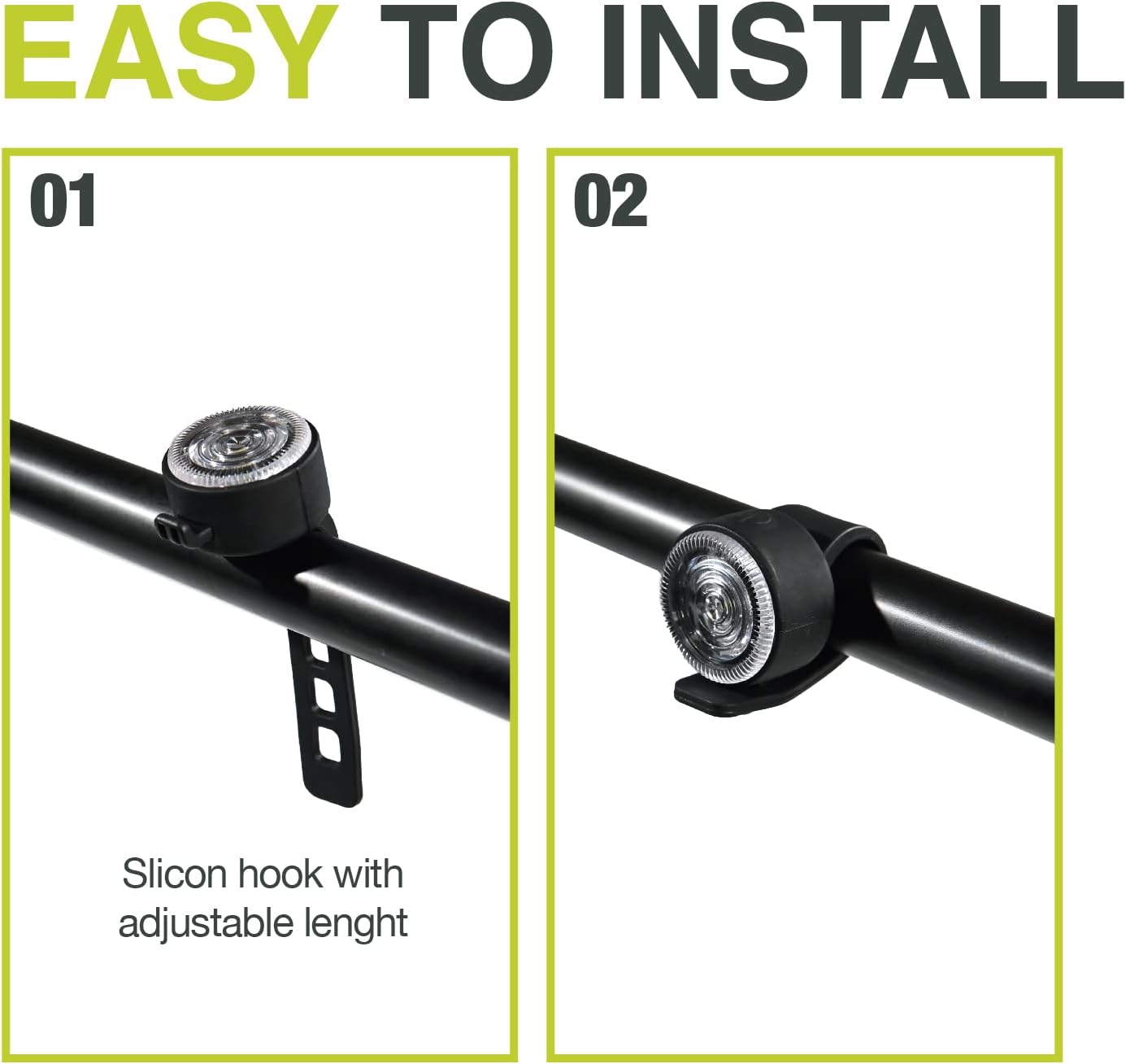 Zwei Bilder zeigen die Fahrradlichtinstallation: Haken an der Stange und Licht befestigt.