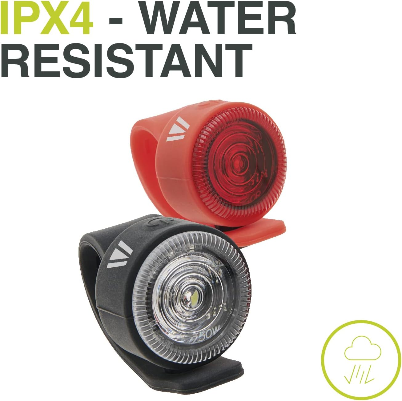 Zwei Fahrradlichter, rot und schwarz, mit IPX4-Wasserbeständigkeit.
