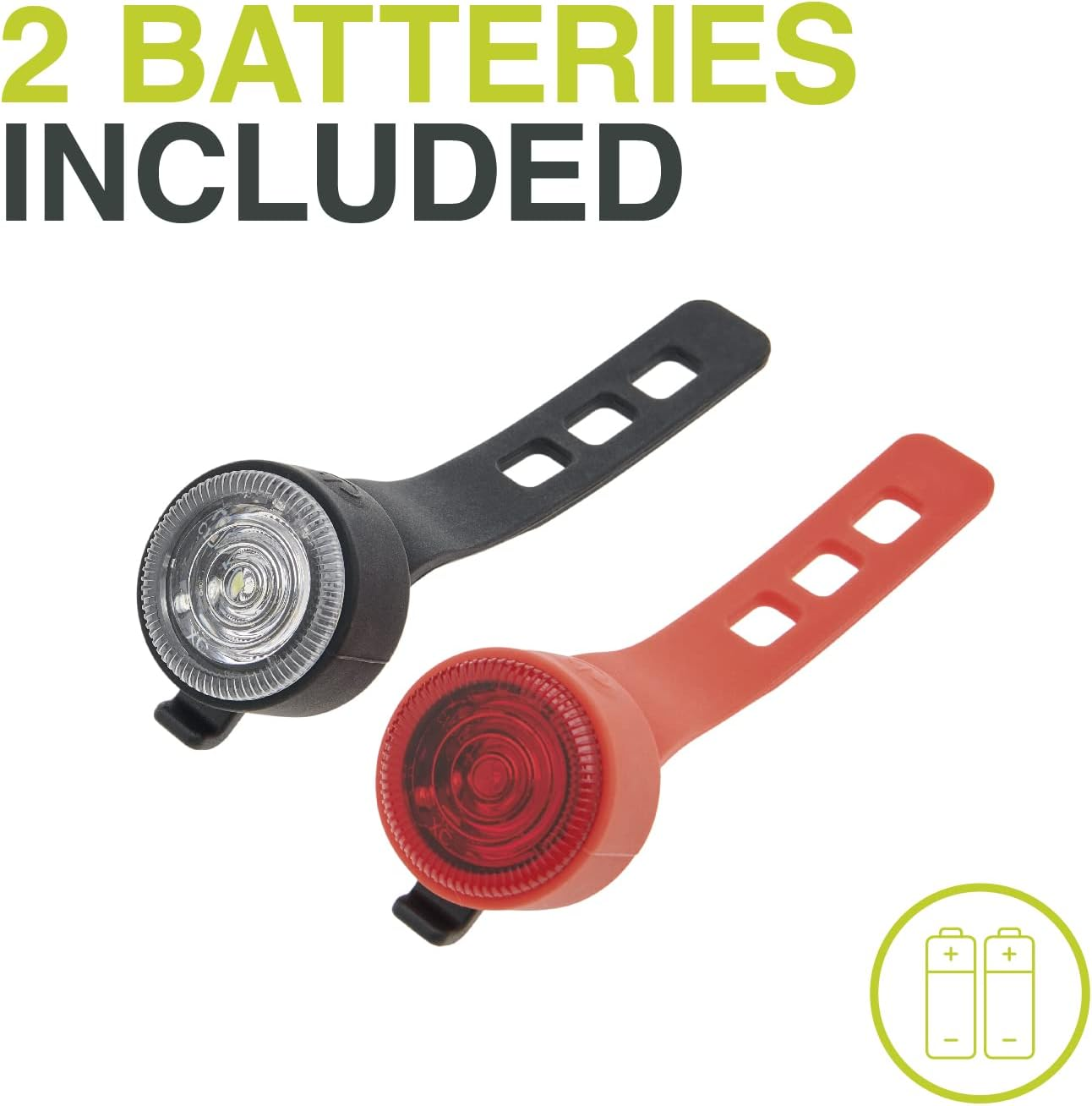 Zwei Fahrradlichter, eines schwarz, eines rot, mit Batterien.