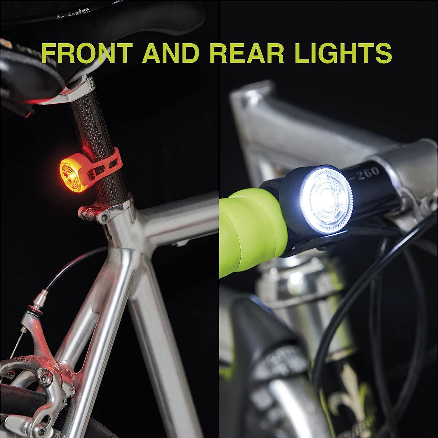 Fahrradlichter an einem Fahrrad montiert. Rotes Licht an der Sattelstütze, weißes Licht am Lenker. Schwarzer Hintergrund.