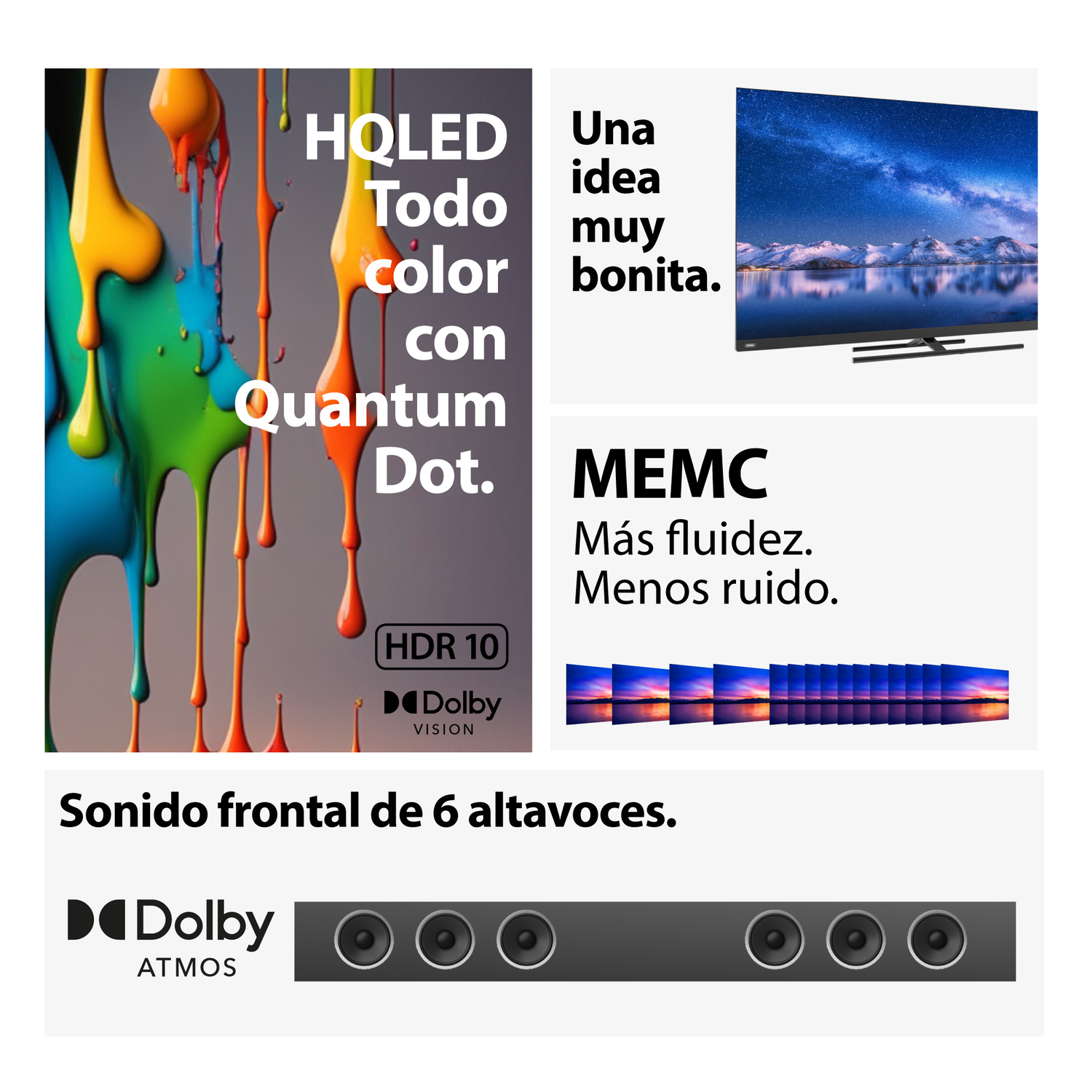 Pantalla de TV con chorros de pintura coloridos y detalles técnicos en español.