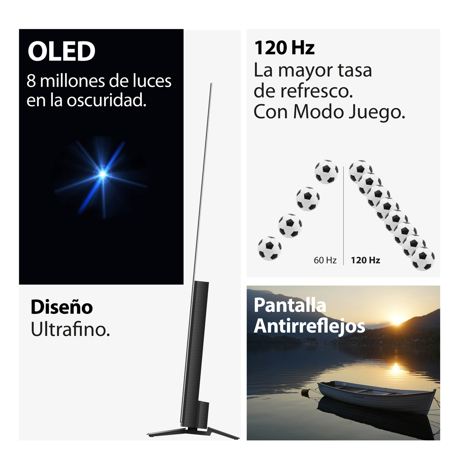 Una pantalla de TV con texto que describe sus características.