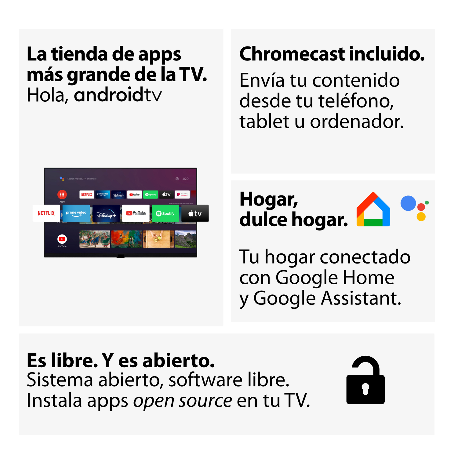 Texto con publicidad de Android TV y Google Home sobre fondo blanco.