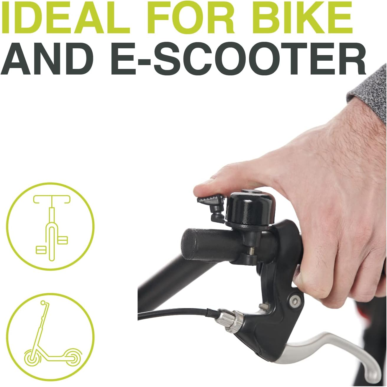 Persona che suona il campanello della bici. Testo: Ideale per bici ed e-scooter. Sfondo bianco.
