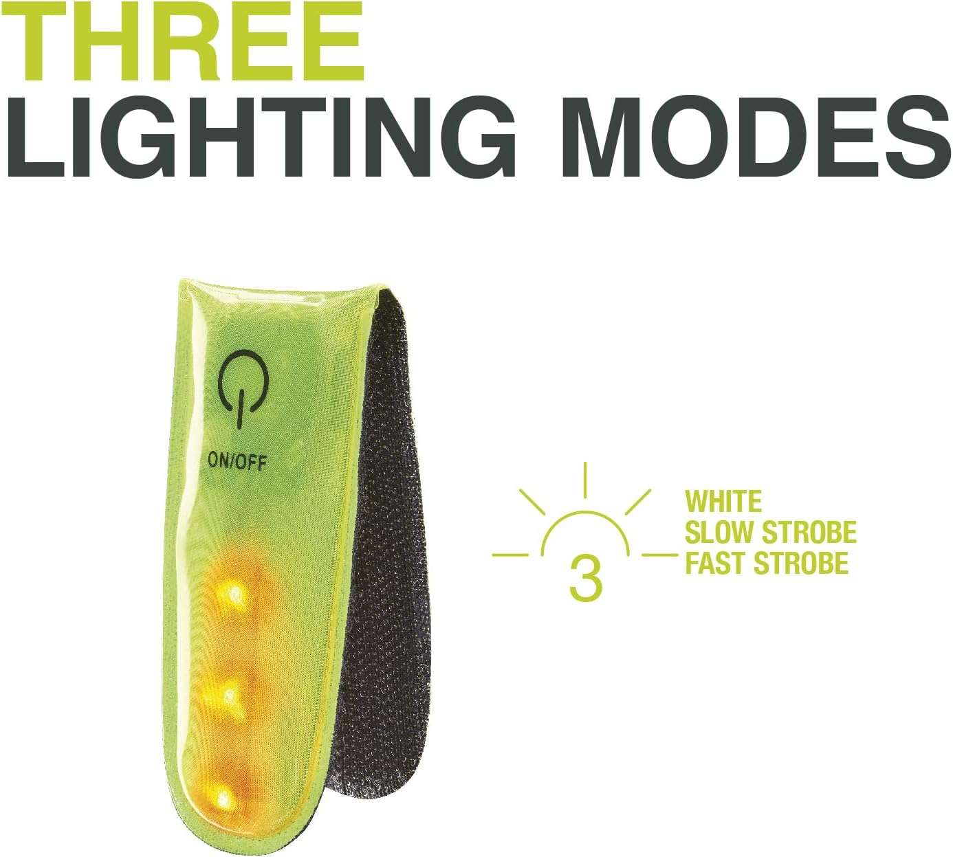 Bracciale a LED verde e nero che mostra tre modalità di illuminazione.