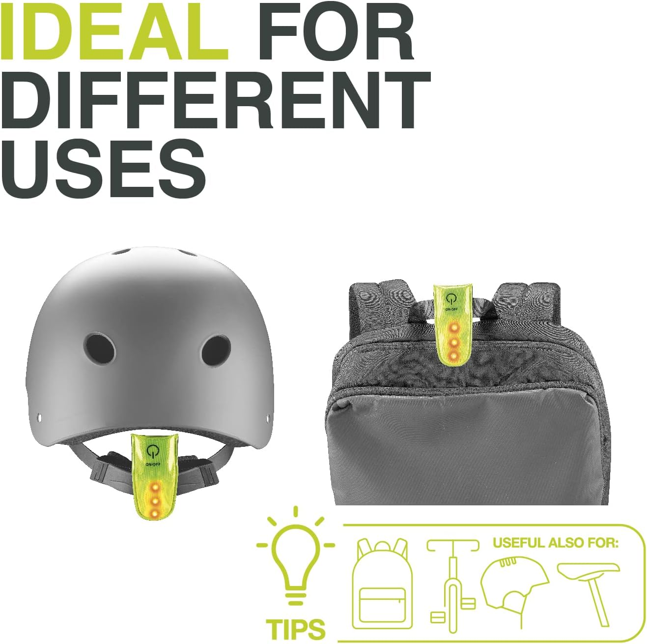 Un casco e uno zaino con luci agganciate, più testo che descrive i diversi usi delle luci.