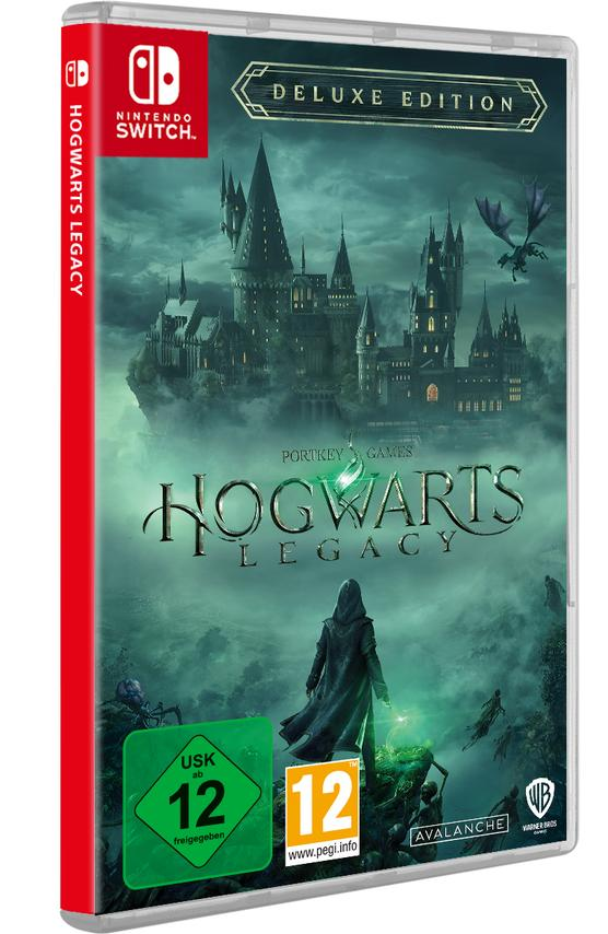 Hogwarts Legacy Deluxe Edition Spielbox mit Spielgrafik, die eine vermummte Figur und Burg zeigt.