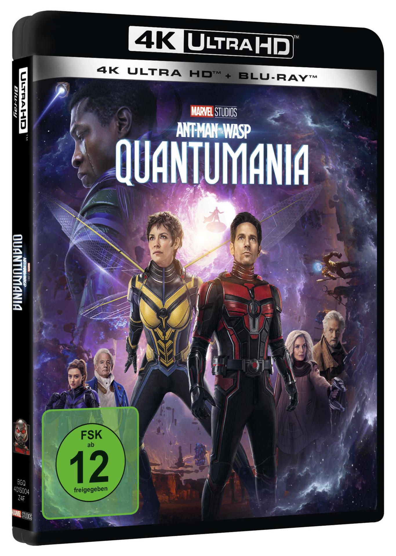 DVD-Hülle für Ant-Man and the Wasp: Quantumania. Das Poster zeigt mehrere Charaktere mit Text.