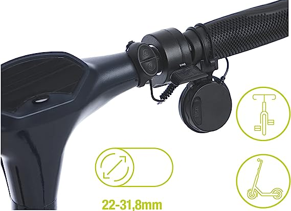 Dettagli del manubrio dello scooter. Pulsanti e una porta USB circolare. Icone per scooter, bici.