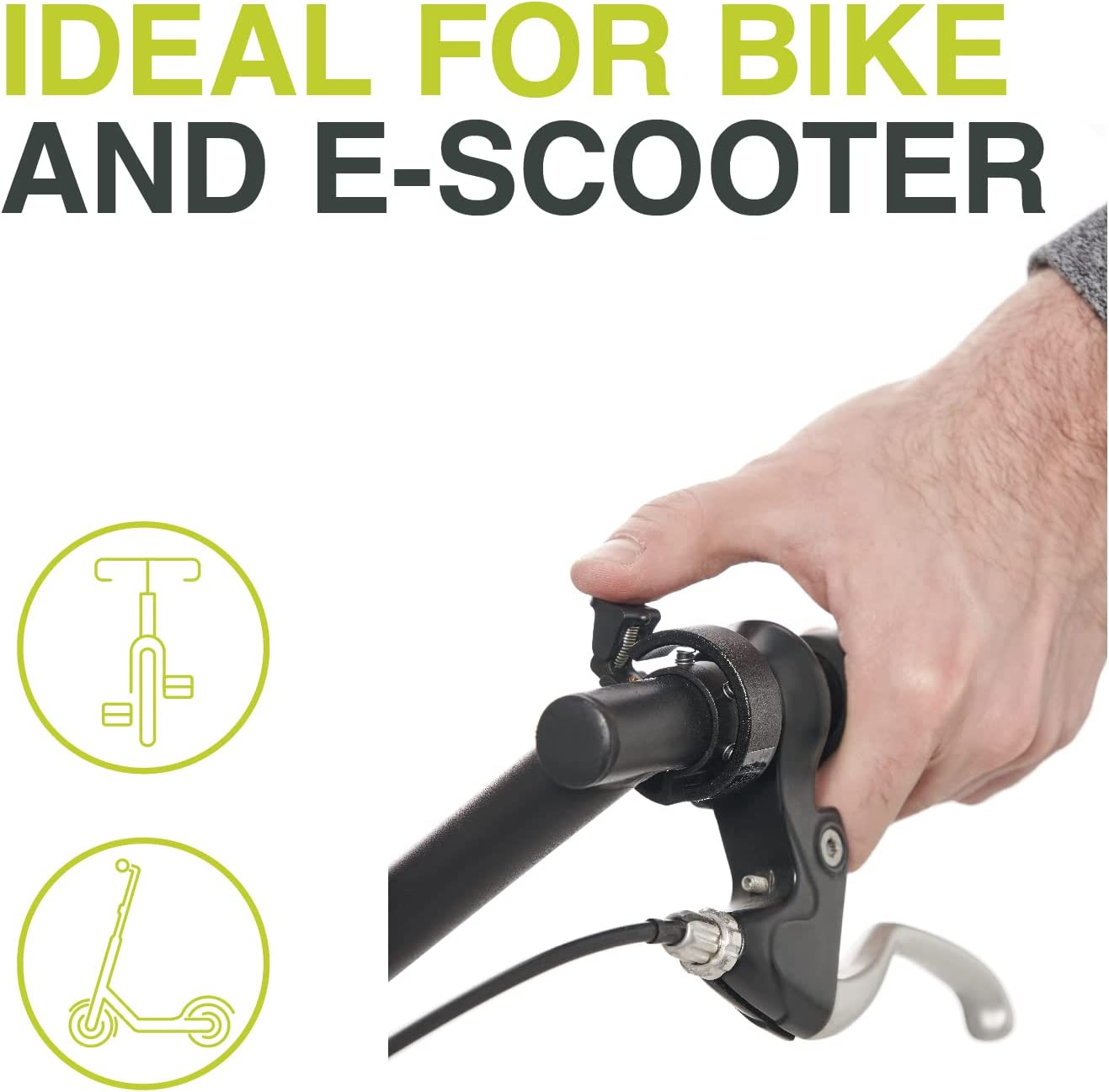 Mano che stringe il freno di una bici. Grafiche di bici e scooter a sinistra.