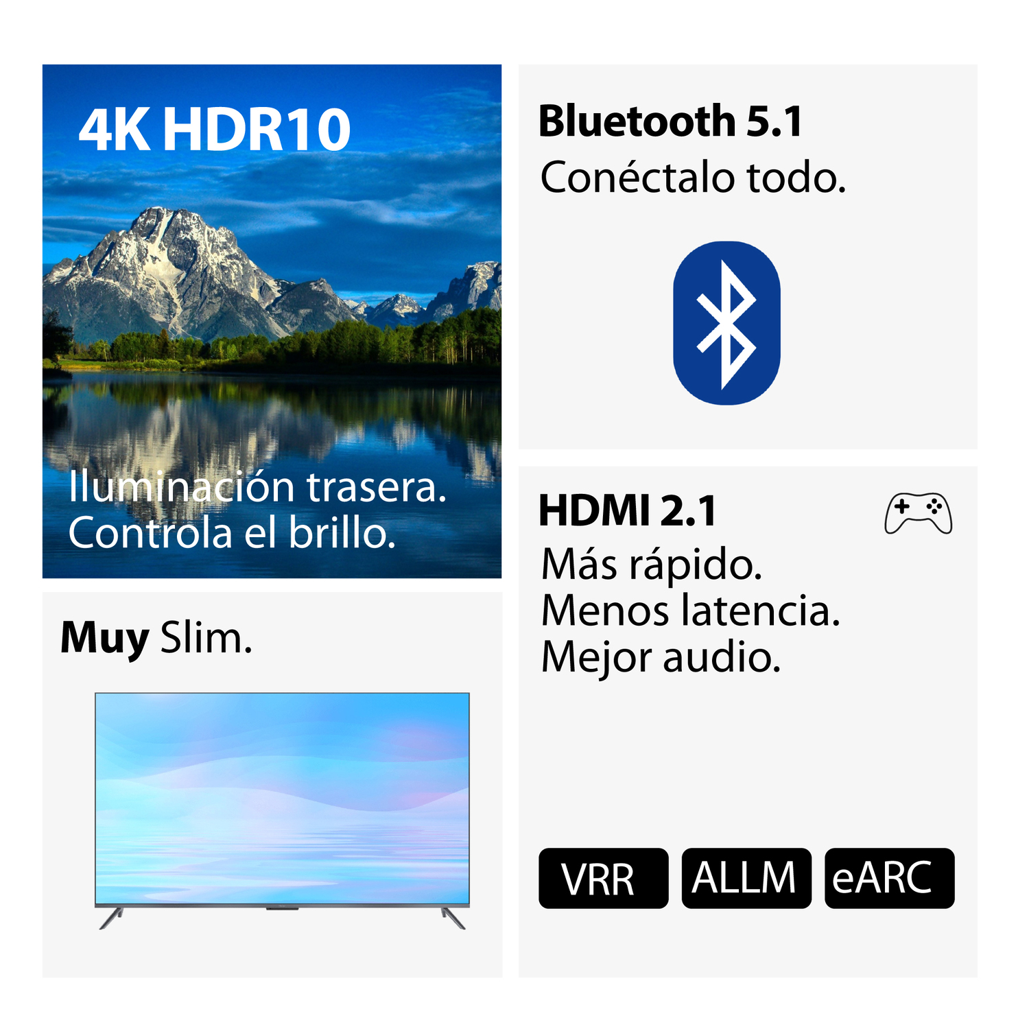 Gráfico informativo con texto e imágenes sobre un televisor. Características incluyen 4K HDR10, Bluetooth 5.1 y HDMI 2.1.
