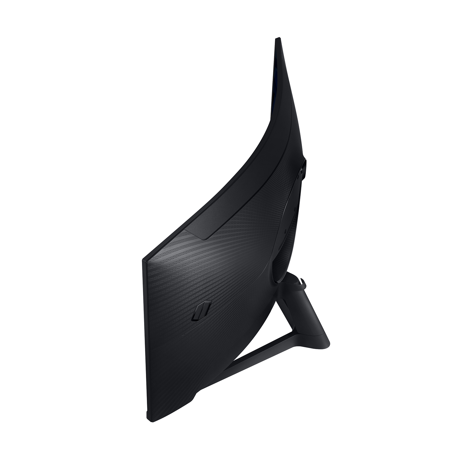 Monitor curvo nero per computer, vista laterale, su sfondo bianco.