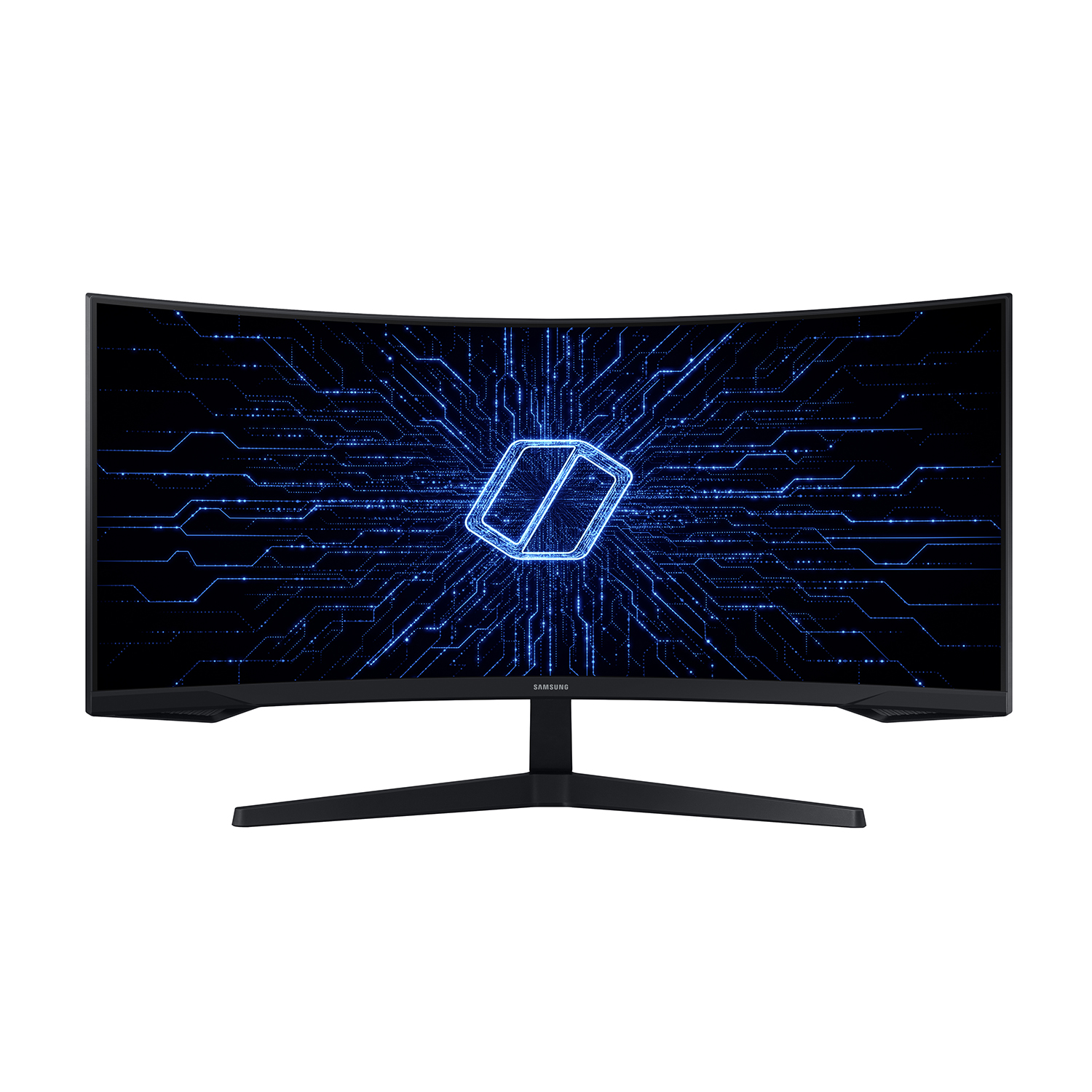Monitor Samsung curvo con un design a circuito stampato blu sullo schermo. Il monitor ha un supporto nero.