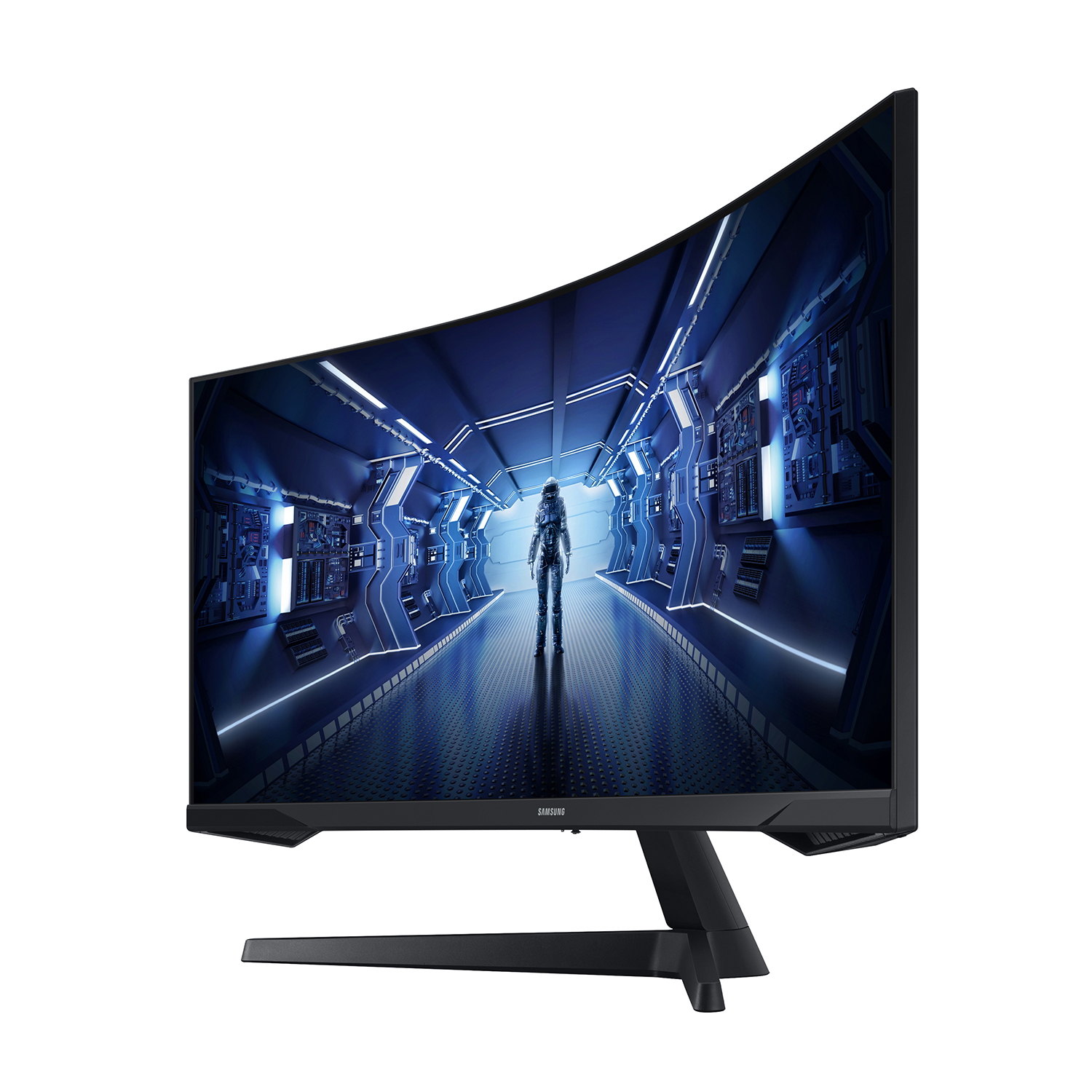 Monitor curvo Samsung, che mostra una scena spaziale, con una figura al centro.