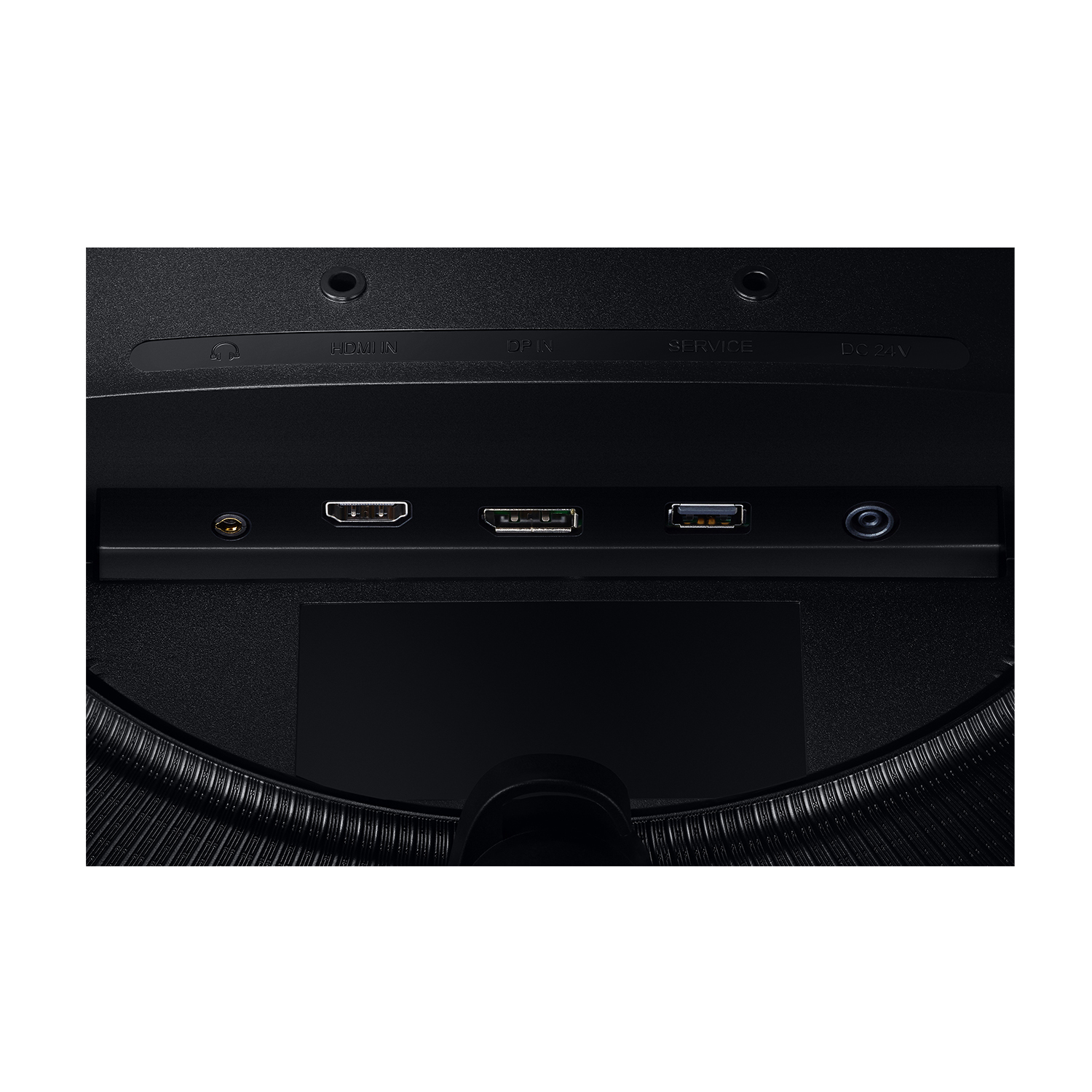 Retro di un dispositivo nero con varie porte: HDMI, DP, Service, DC 24V.