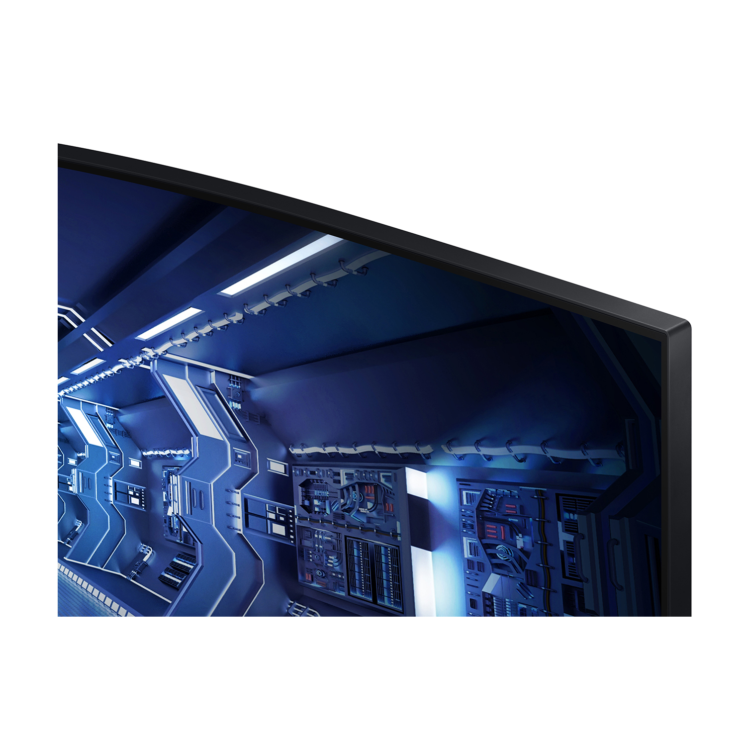 Lo schermo di un monitor di computer mostra una scena interna di fantascienza con toni blu e grigi.