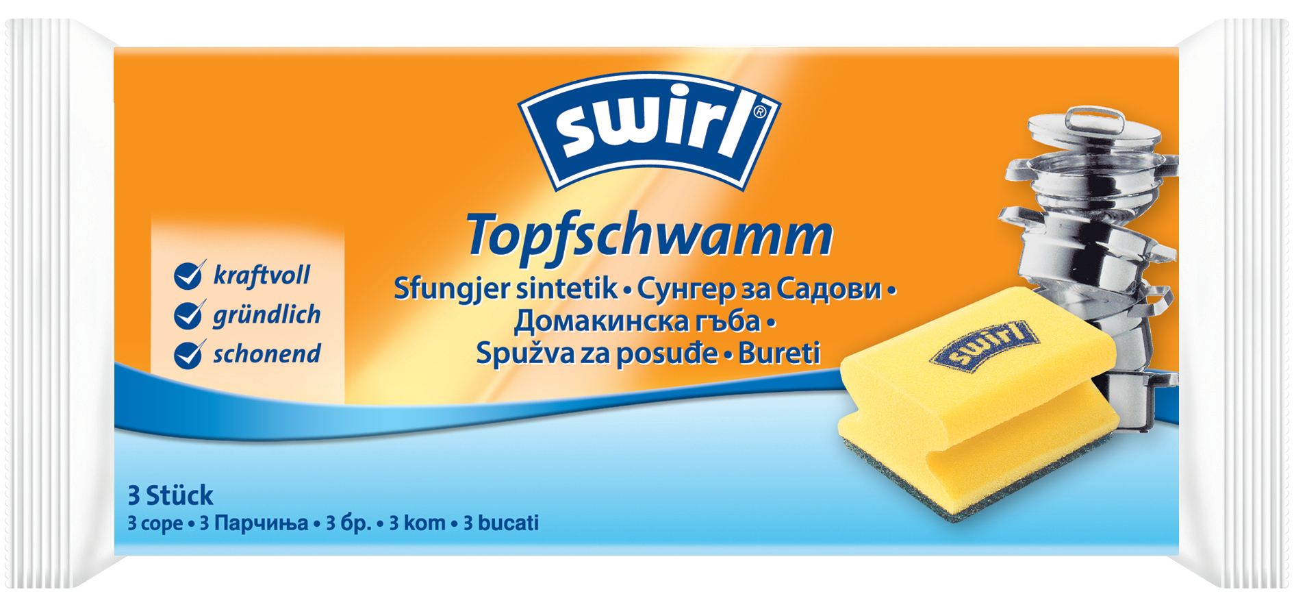 Schwammpackung mit drei Schwämmen, orange und weiße Farben, weißer Hintergrund.