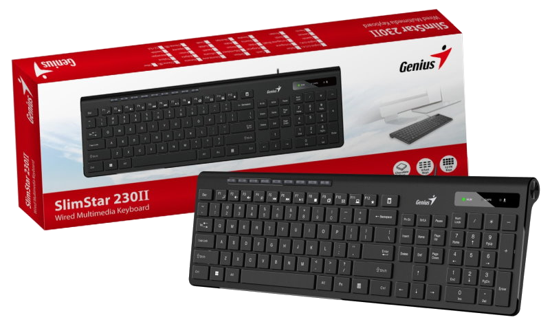 Fekete billentyűzet a dobozzal, SlimStar 230II. Vezetékes multimédiás billentyűzet.