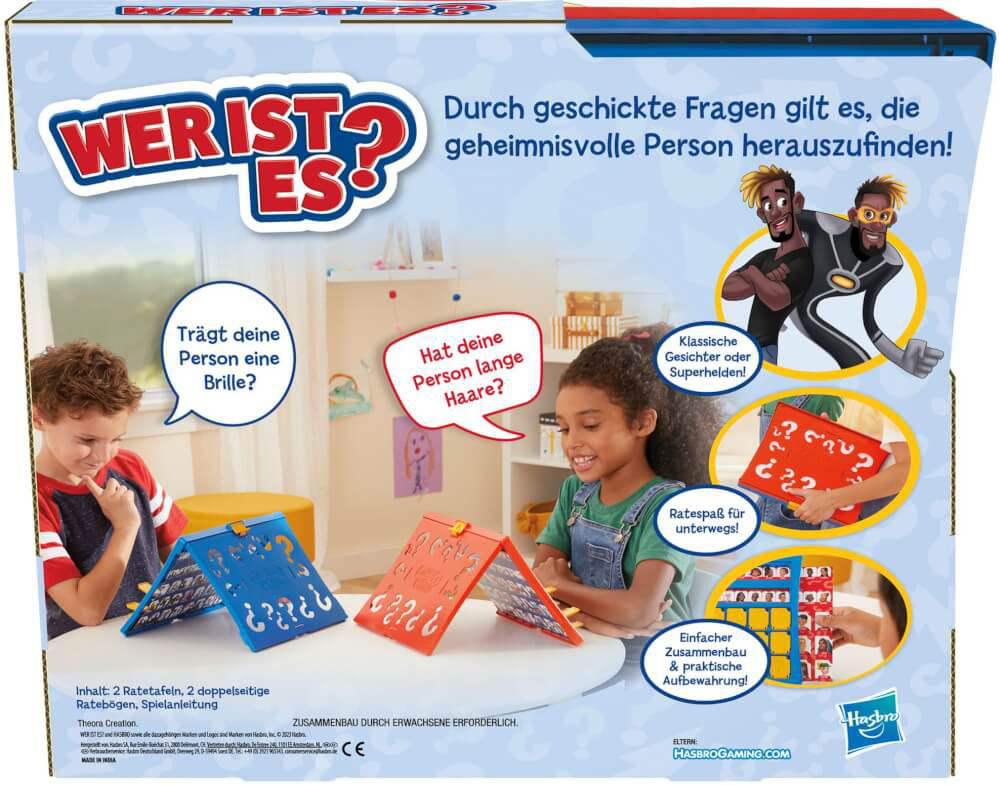 Spielbox für 'Wer ist es?' Zwei Kinder spielen das Spiel. Spielfiguren im Hintergrund.