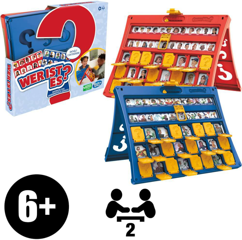 Brettspiel 'Wer ist es?' mit Spielbrettern und Spielbox auf weißem Hintergrund.